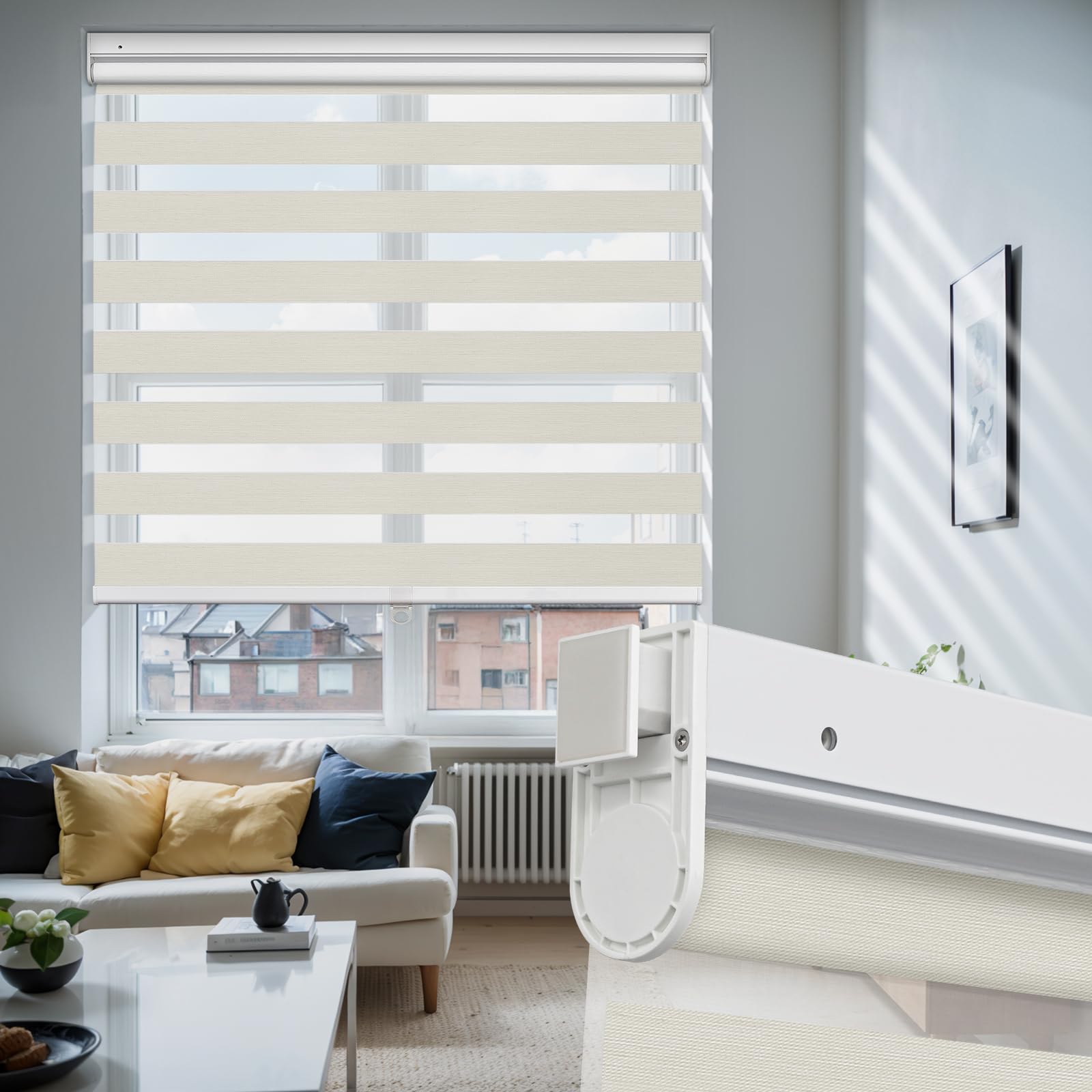 Moonice Cordless Zebra Roller Blinds No Drill No Tools Zebra Shades Dual Layer Day and Night Blinds Light Control Window Shades for Home Bedroom Kitchen (Almond, 102cm W x 122 cm H)