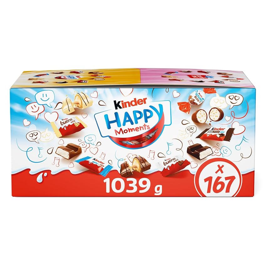 Kinder Happy Moments - 167 Cioccolatini Assortiti Kinder, Mix di Snack Dolci in Formato Mini, Ideali da Condividere a Feste e Compleanni, Maxi Confezione da 1039 gr
