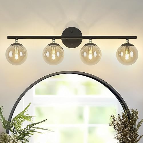 Miniatura 9 de LMS LMS-173 - Lámpara de baño con 2 luces, acabado negro y dorado de latón con cristal de globo transparente, LMS-173