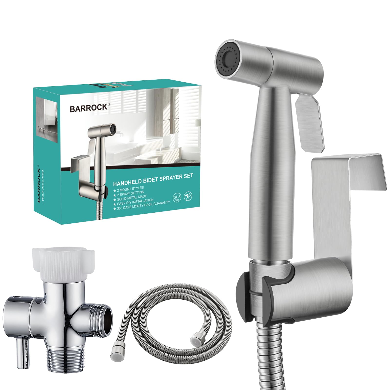 Handheld Bidet Sprayer for Toilet, Stainless Steel Metal Made Baby Cloth Diaper Spraying Kit, Bathroom Toilet Bidet Attachment Set for Bathing Pets and Feminine Hygiene, Brushed Nickel