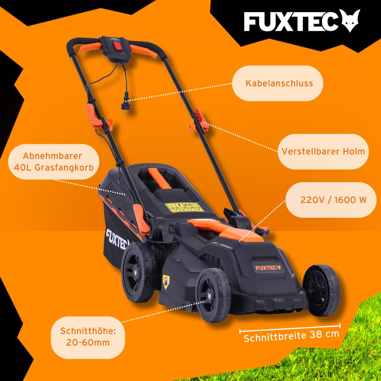 FUXTEC Elektro Rasenmäher mit Kabel FX-RME38-38cm mit 40L Grasfangkorb - nur 12kg - Schnitthöhe 20-70mm - 1600Watt & 220V