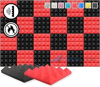 Arrowzoom 24 Black & Red Acoustic Panels Pyramid Sound Absorbing Acoustic Treatment Tiles 50x50x5cm Recording Studio Noise Cancellation 500-8000Hz Acoustical Walls Dampening Foam Fire Retardant AZ1034