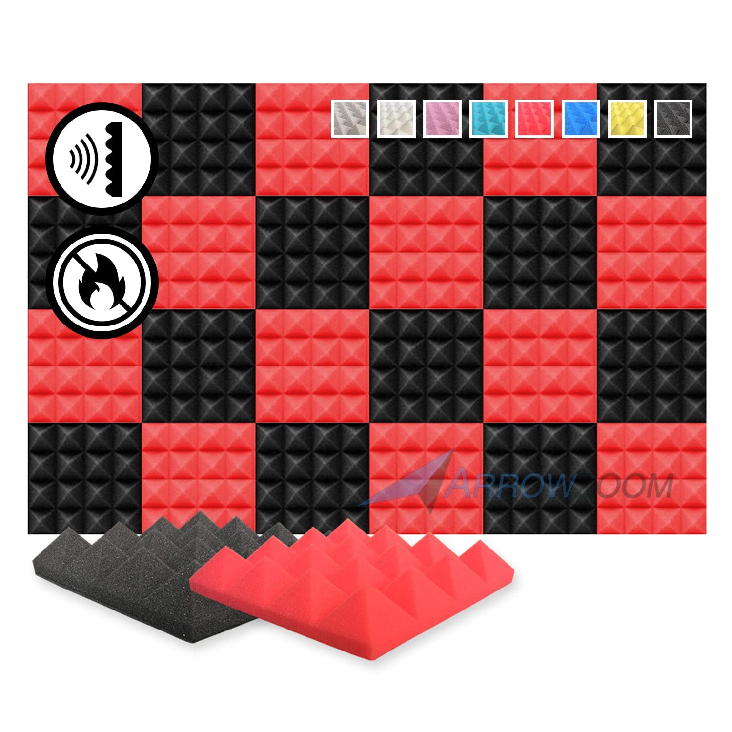 Arrowzoom New 24 Pieces Red & Black 10x10x2inch Soundproofing Insulation Pyramid Acoustic Wall Foam Padding Studio Foam Tiles AZ1034 RED&BLACK