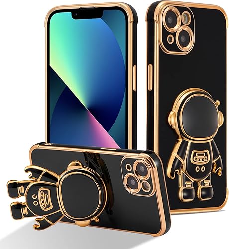 RALEAVO Funda para iPhone 15, bonita funda para teléfono de astronauta 6D con soporte, cubierta de lujo chapada en lujo, ajuste delgado, a prueba de