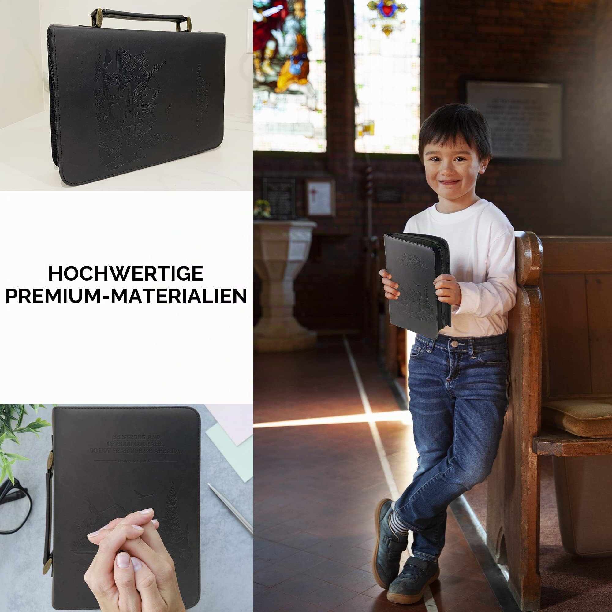 DEHITE Bibelhülle für Damen und Herren, Leder-Bibel-Tragetasche, groß, mittelgroß, passend für Bücher 17,8 x 25,7 x 4,8 cm, Stiftfächer, Reißverschlussfach, hochwertiges Kunstleder, schwarzes