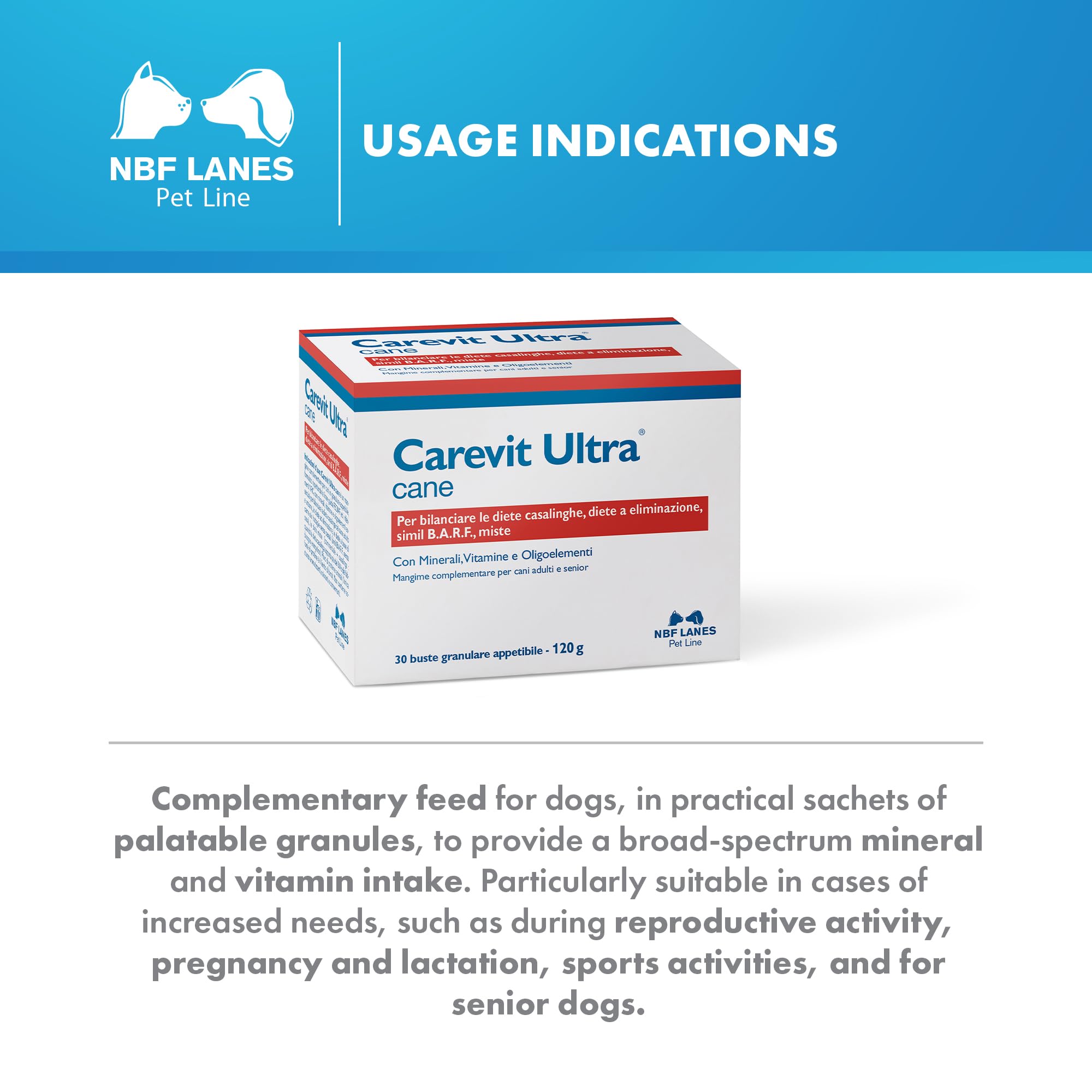 NBF Lanes Carevit Ultra Cane Lot de 30 sachets de 4 g en granulés appétissants pour équilibrer les régimes maison, les régimes d'élimination, Simil B.A.R.F