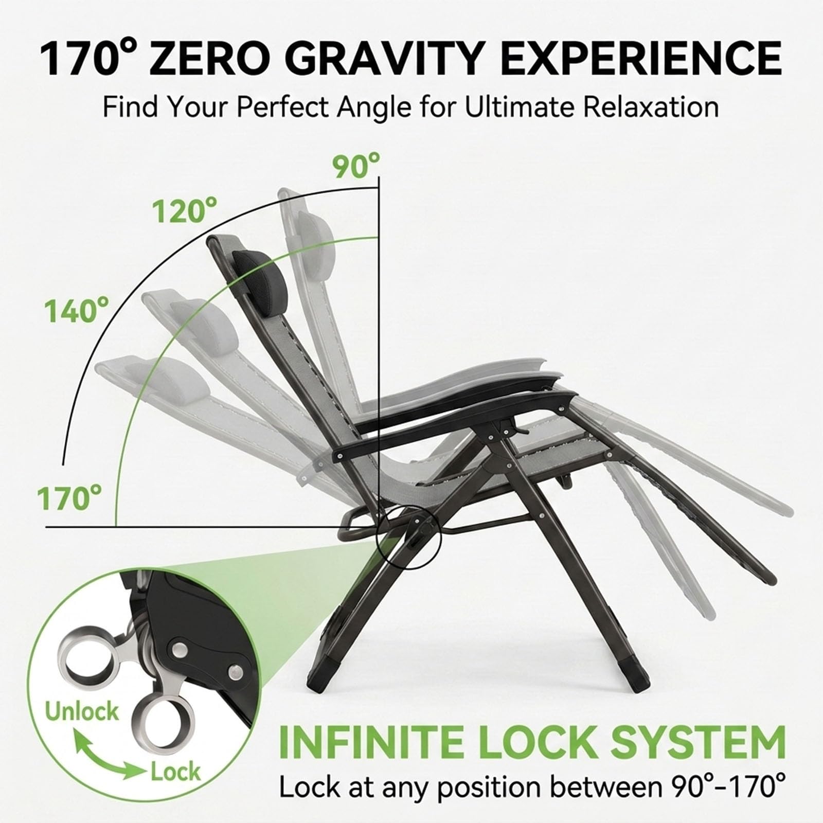 Poltrona Zero Gravity XXL 33" Sdraio Giardino Inclinabile 226kg con Cuscino Removibile 10cm Pieghevole Serratura Alluminio Sedia Relax Esterno e Piscina