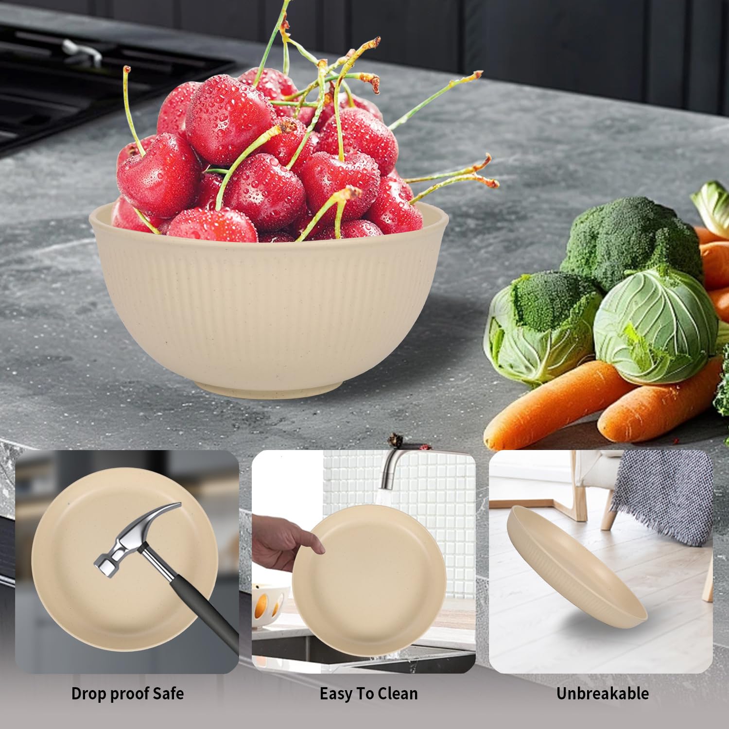 Juego de vajilla para 6, juego de vajilla ligera e irrompible de 18 piezas, platos de 23 cm, cuencos de 15 cm, tazas, platos de cocina y cuencos (beige)
