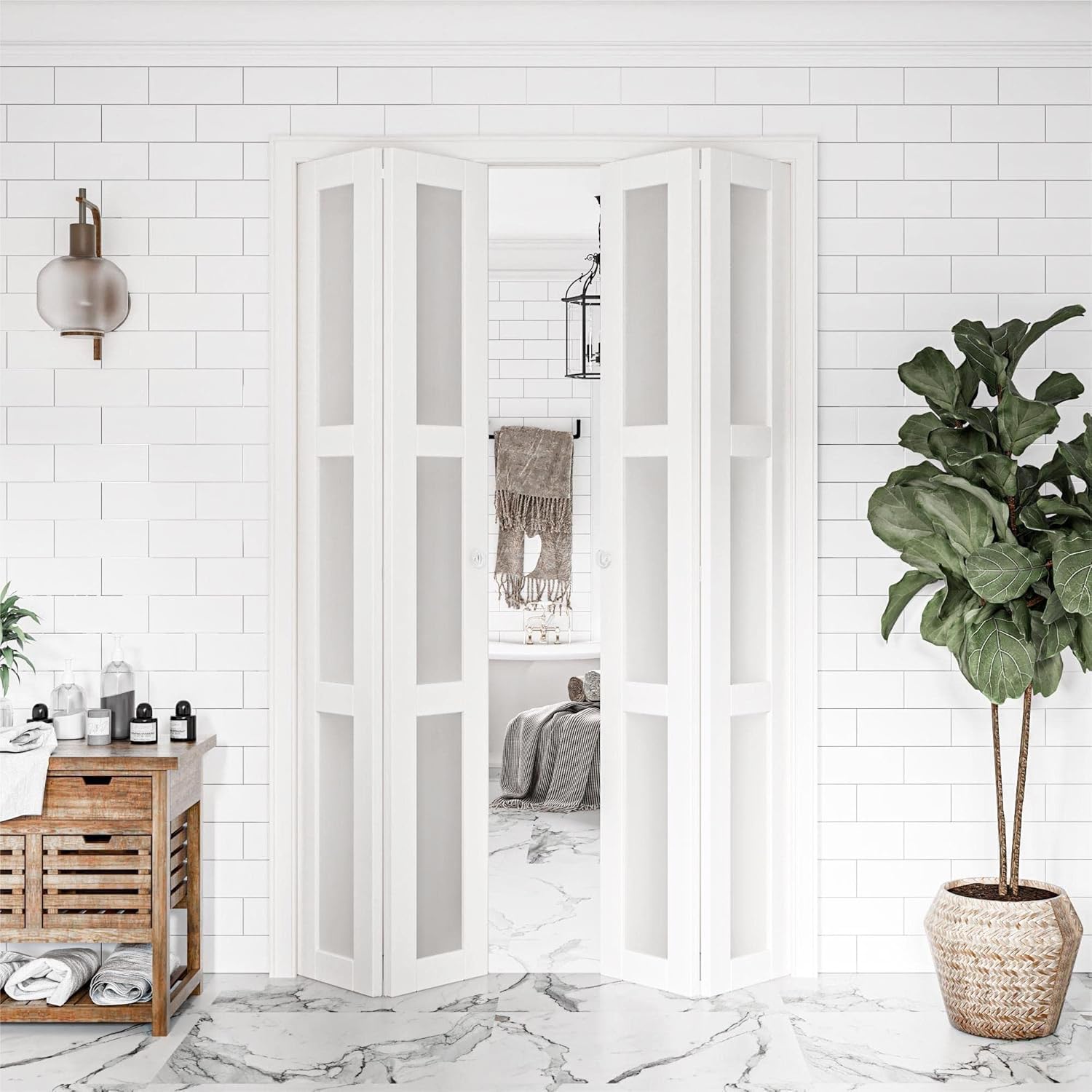 BARNER HOME Bi-Fold Doors, for 48"x 80" (Double 24" x 80" Doors) Opening, 3-lite Tempered Frosted Glass Panel, MDF, White Closet Door