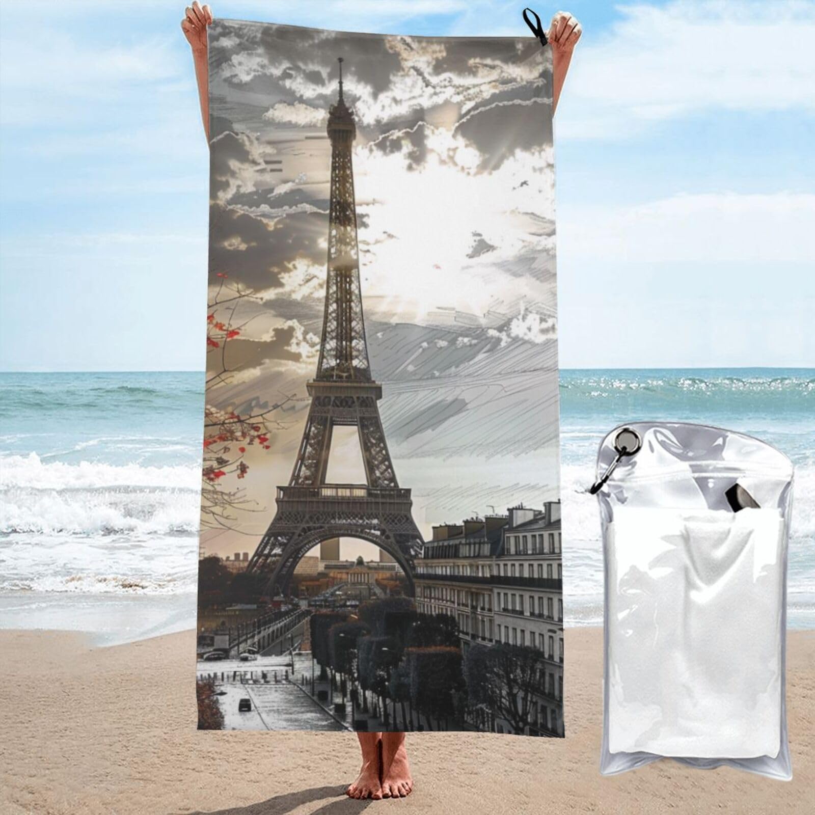 BWWHCCTI Paris Printed Microfiber Quick Dry Beach Towel 80x160 CM, Fast Drying Bath Towels with Bags for Travel,Camping,Gym,Beach,Swimming,Yoga