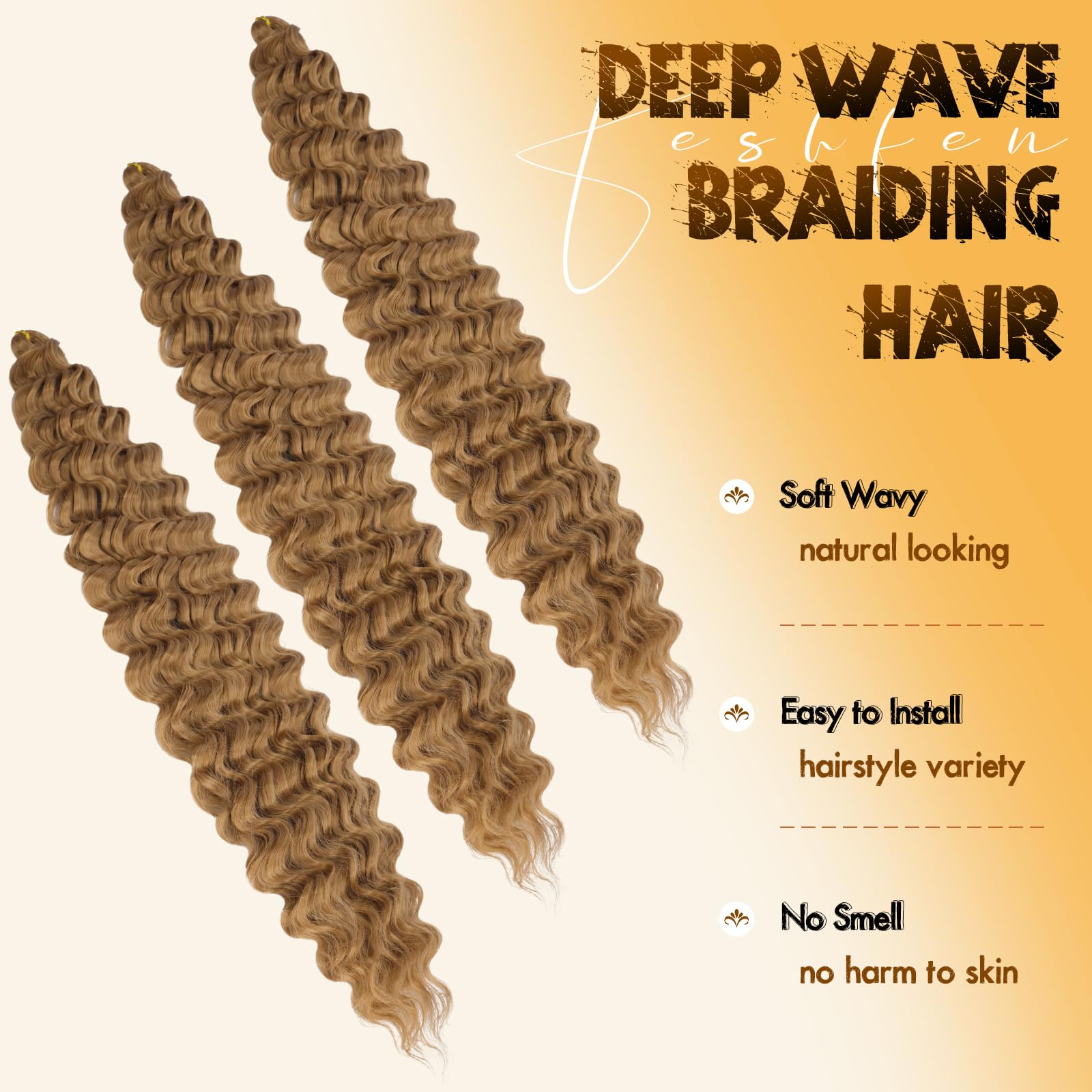 FESHFEN Ocean Wave Crochet Extension - Pelo Crochet Rizado Natural Deep Wavy Hair Extensions de Cabello Marrón Dorado Sintético Trenzas Postizas para Mujeres, 55 cm 3 Piezas