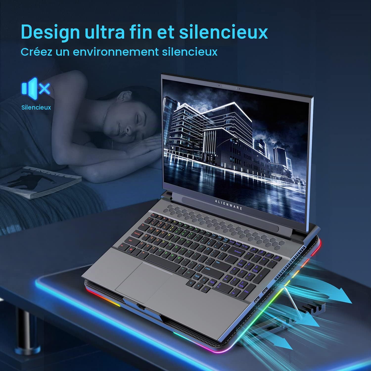 LIANGSTAR Refroidisseur PC pour Ordinateur Portable,10 éclairage RGB Les Modes & 7 Hauteur Réglable, 2 Lndépendant La Vitesse Contrôler, Parfait pour Ordinateur Portable 12-17 Pouces