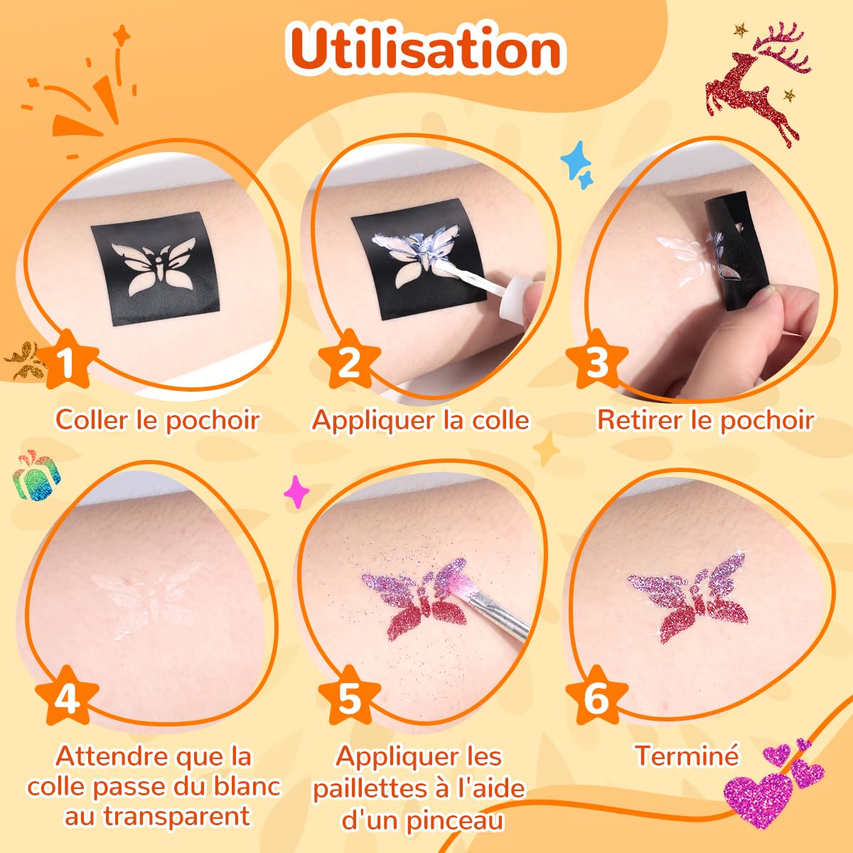 Bledras Kit Tatouage Paillettes Enfant Filles, 31 Couleurs de Paillettes Tatouage Ephemere, 6 Stylos à Paillettes, 178 Pochoirs, Tatouage Enfant pour Carnaval, Noël, Maquillage de fête Masquée