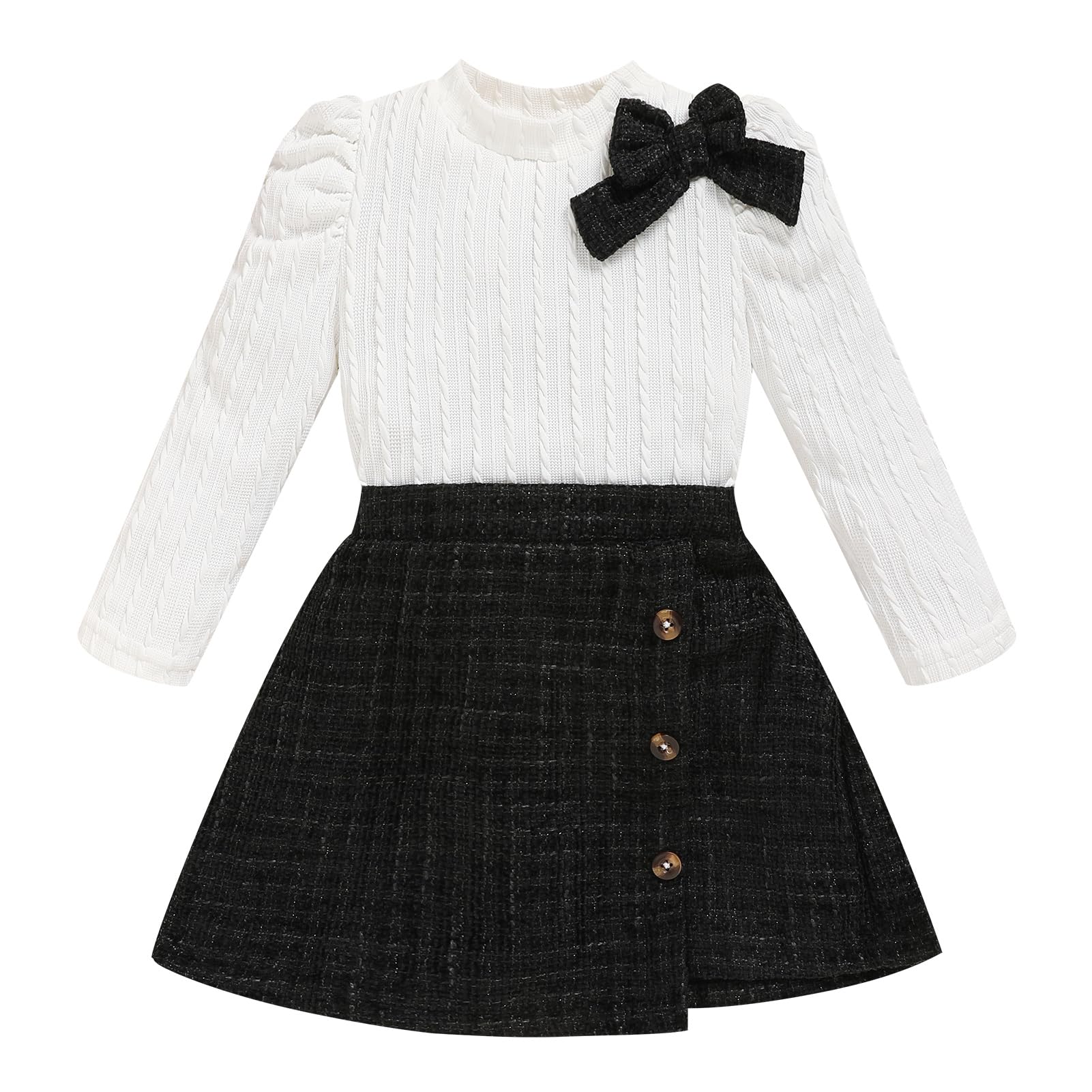 Toddler Girl Plaid Outfits Fall Winter Dress Knit Ribbed Bow Sweatshirt Tops and Button Fashion Skirts Set