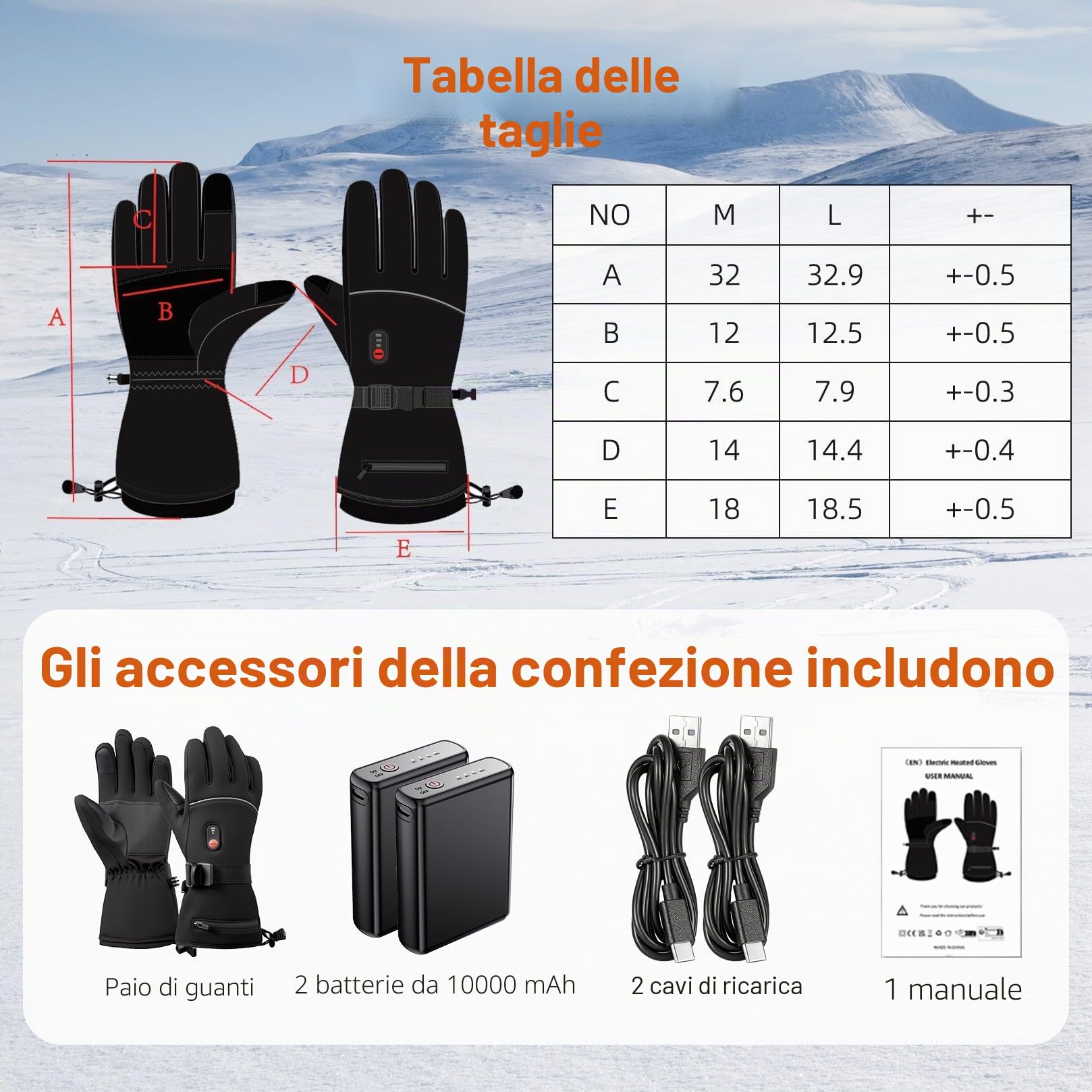 Guanti Riscaldati Moto con 2 Batterie 10000mAh, 7.4V per Riscaldamento Veloce, Impermeabili, Touchscreen, Palmo Antiscivolo, 3 Livelli di Calore - Guanti Invernali Ricaricabili per Uomo e Donna (L)