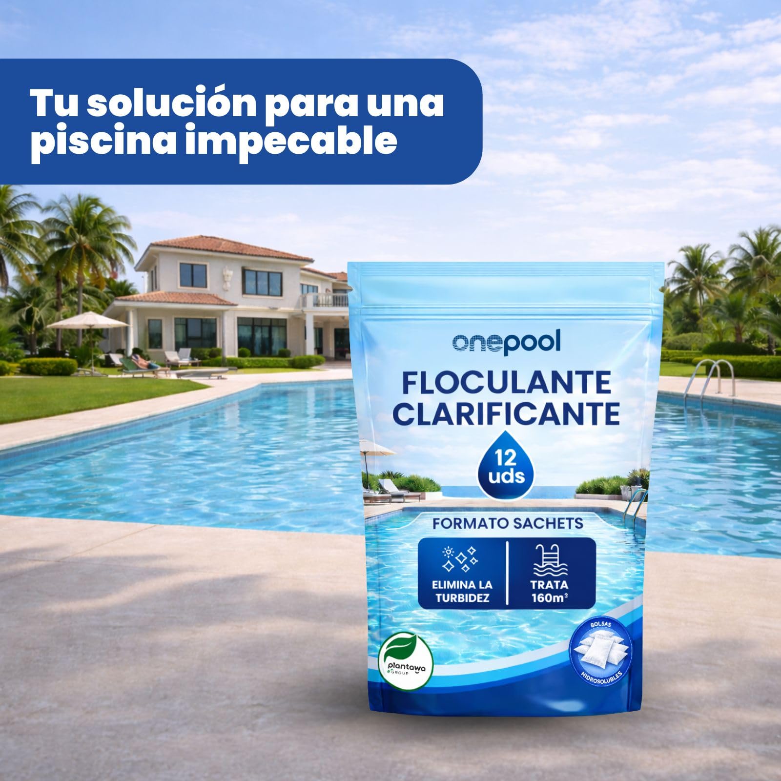 PLANTAWA Flocculante in polvere 12 bustine | Flocculante Chiarificante per Piscine, Equivale 1,5 KG, Eliminatore Turbidità, con Ingredienti Origine Naturale, Vegano, Tutti i Tipi Piscine, SPA