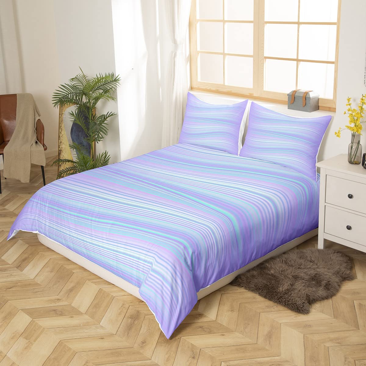 richhome Lilac Super King Size Duvet Cover Light Purple Blue Stripes Bedding Set 3pcs for Kids Teens Adult Boho Marble Chic Simple Style Comforter Cover Soft Quilt Cover Bedroom Decor Bedspread - Image 3