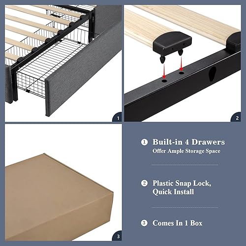 Miniatura 6 de Allewie - Base de cama con almacenamiento totalmente tapizada, con 4 cajones y una cabecera ajustable, diseño tapizado cosido en cuadrados con