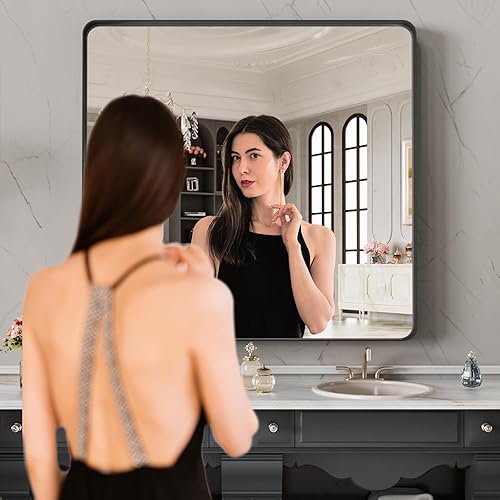 Miniatura 262 de LOAAO - Espejo de tocador para baño con marco de metal negro mate de 24 x 32 pulgadas para pared, rústico, rectangular, grande, redondeado