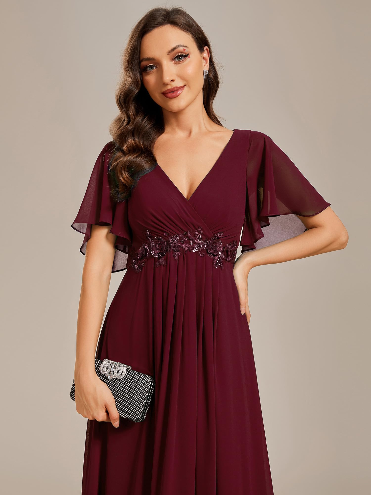 Ever-Pretty Abendkleid Elegant für Hochzeit Damen Lang Rundhalsausschnitt Abendkleider Langarm Brautjungfernkleider