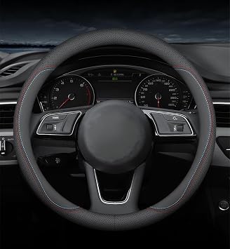 Premium Car Steering Wheel Cover Cover, 37-38 cm Black Universal Microfiber Leather Covers Breathable Anti-Slip Odorless Steering Wheels Accessories for Men Women, Black with Red Stitching