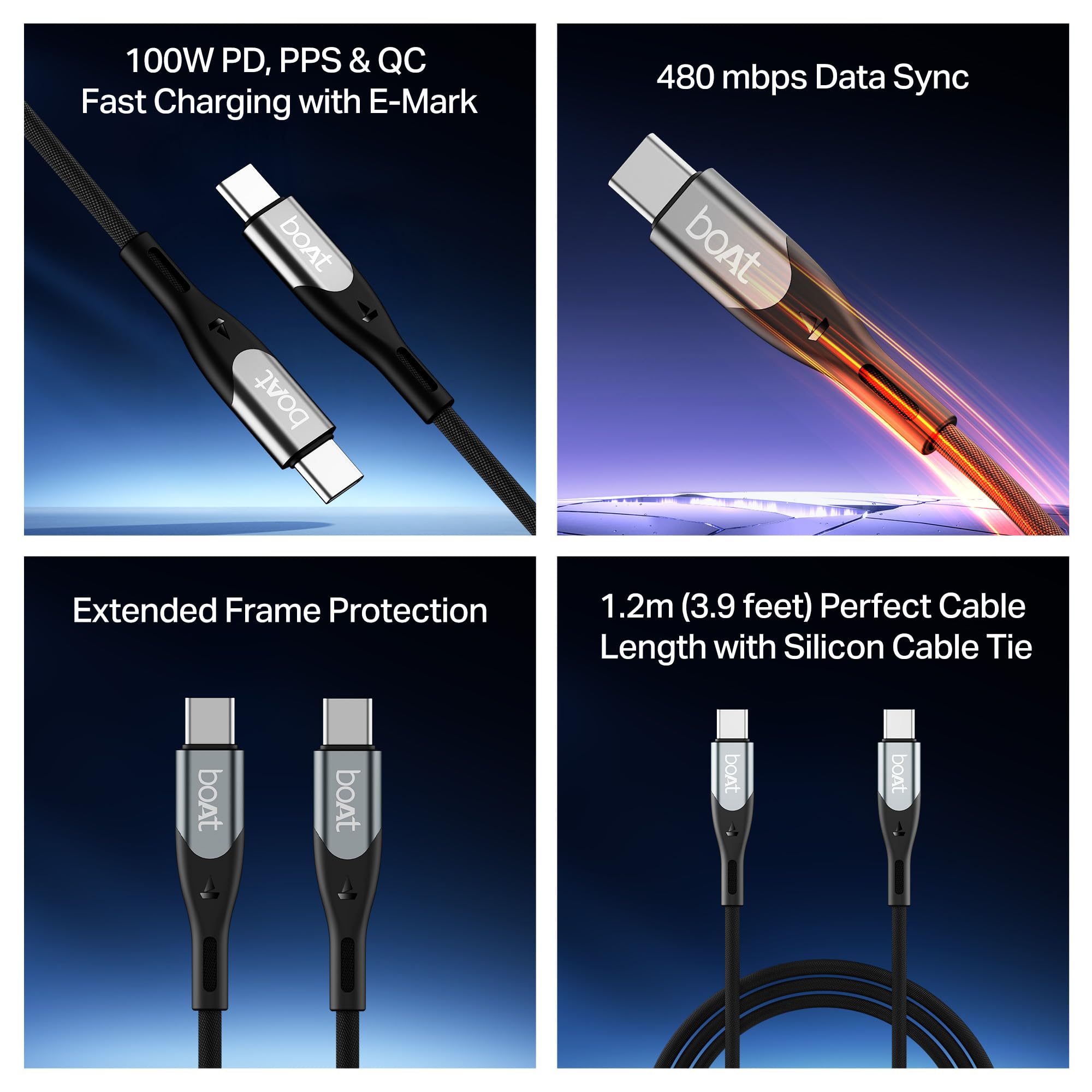 boAt Type C to C 100W/5A PD Fast Charging Cable with E-Mark, 480 Mbps Data Sync, Premium Nylon Braided Skin,10,000+ Bends & Durable Aluminium Alloy Shell (Carbon Black) — Amazon image 2