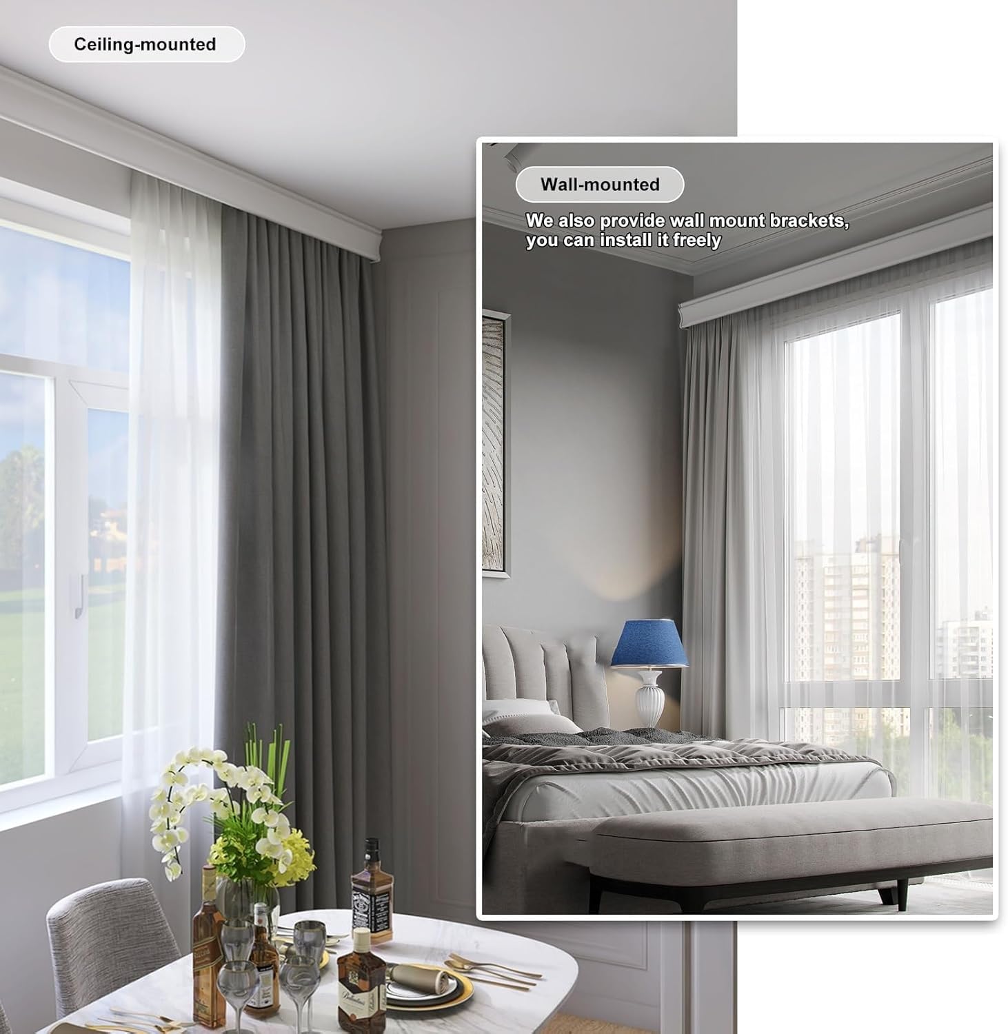 Podwójna zasłona lambrekin z podwójną szyną, montaż sufitowy/ścienny 3 w 1, wytrzymała aluminiowa szyna do salonu, sypialni, hotelu