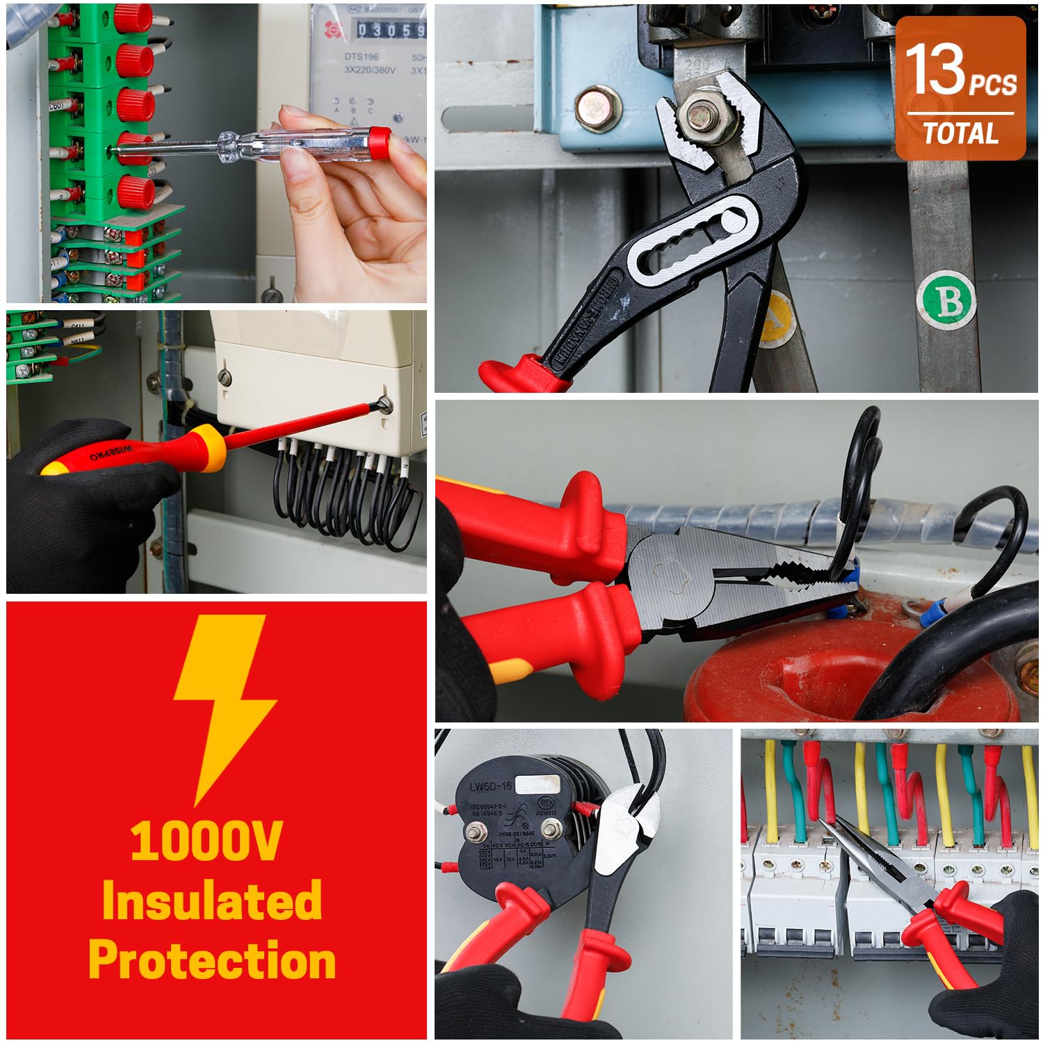 Juego de 12 alicates y destornilladores aislados para electricista, juego de herramientas eléctricas aisladas de 1000 V con 7 destornilladores aislados, 4 alicates aislados, 1 probador de