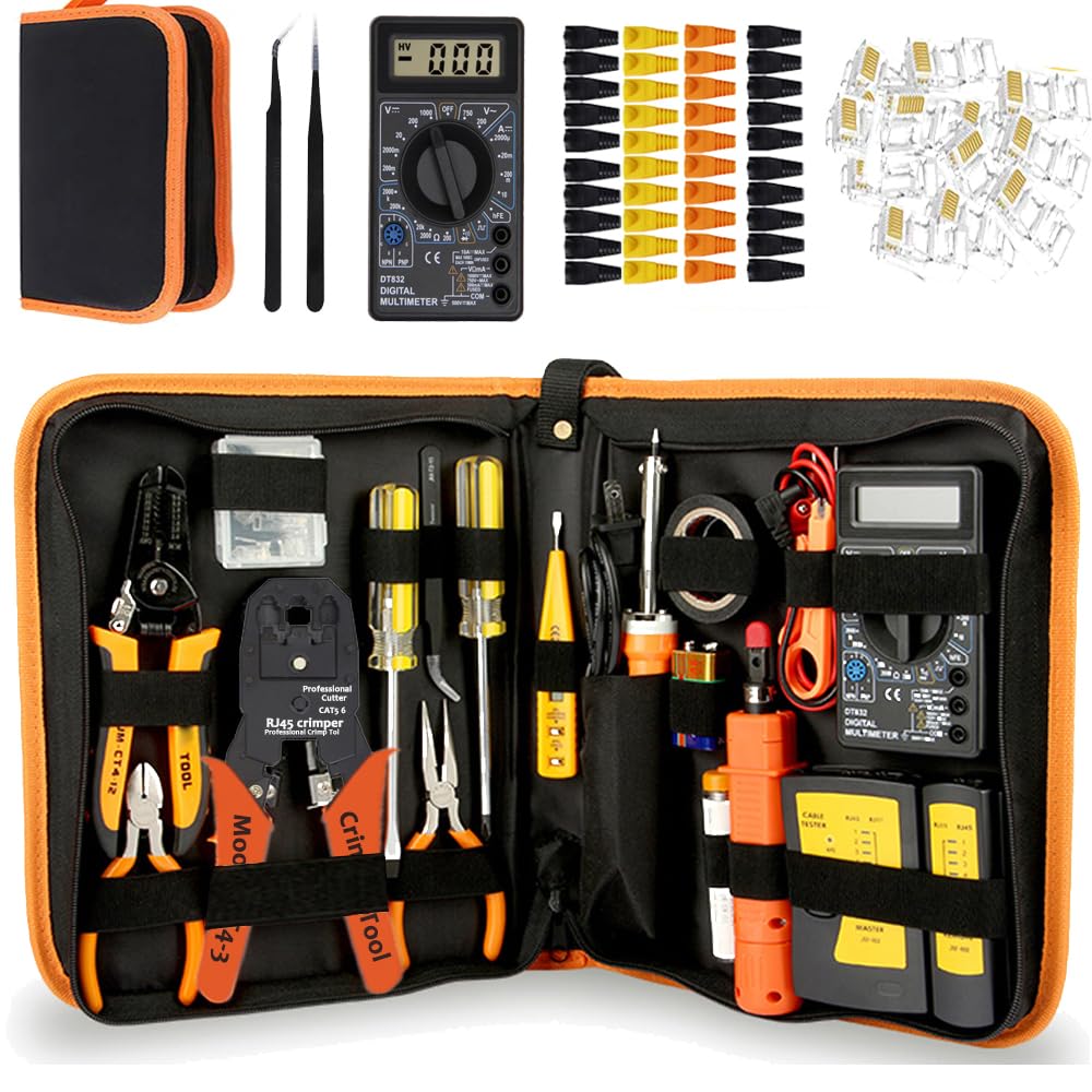 Leatbuy Kit d'outils à sertir RJ45 CAT5/CAT6 pour coupe-Ethernet avec connecteurs, couvertures de câble réseau LAN et dénudeur (orange)