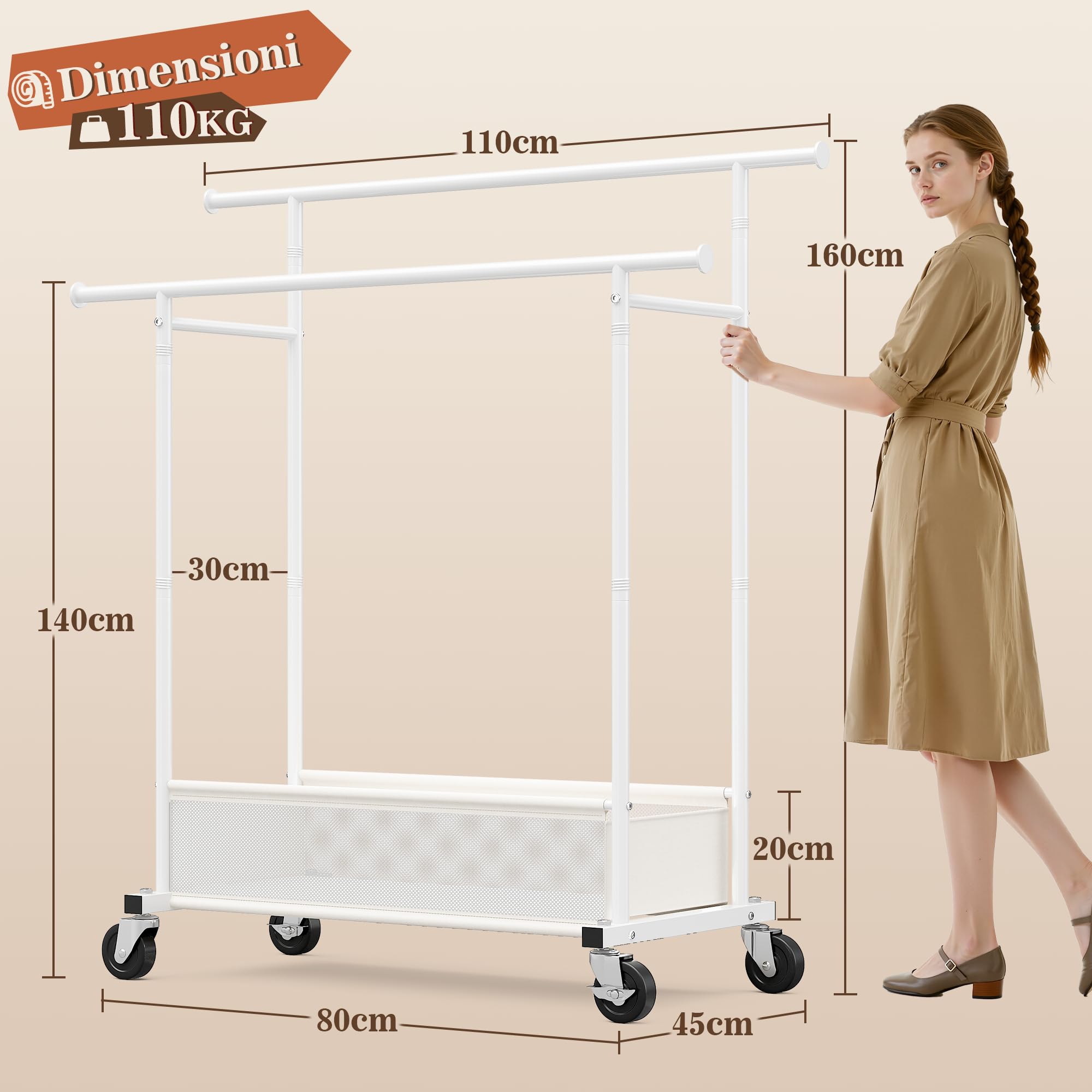110cm Doppio Stand Appendiabiti con Ruote, Portata massima 110KG Metallo Stand Appendiabiti con 48L Traspirante Cesto Portabiancheria, per Giacche, Maglioni, Scarpe, Camera da letto, Bianco