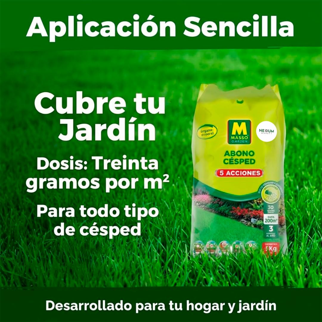 Abono Césped Granulado con 5 Acciones | Aplicación Directa a Mano de Liberación Lenta | Revitaliza y Mantiene Césped | Anti-Musgo, Reverdecedor y Fertilizante | Nexum Market (6 KG)