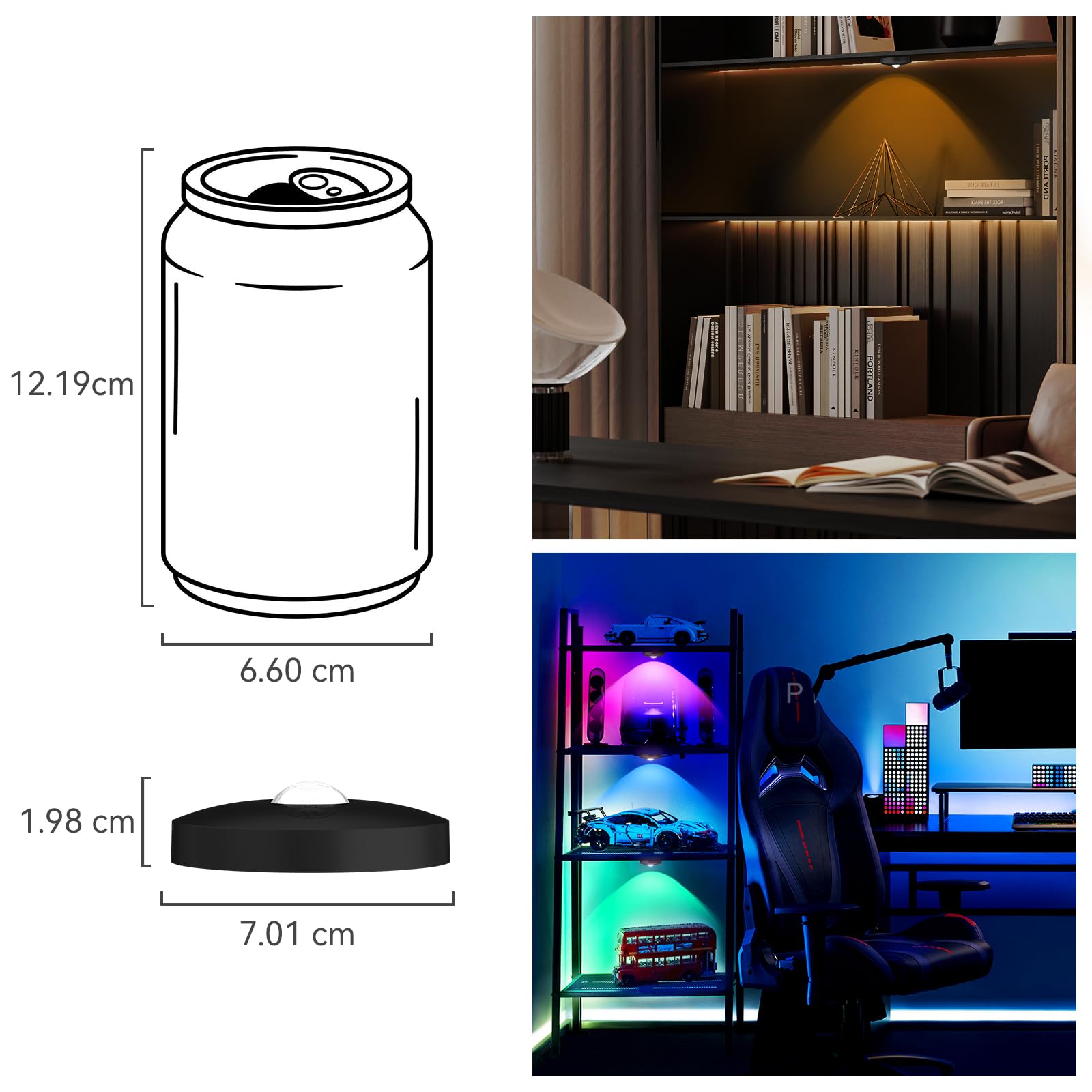 Schrankbeleuchtung Kabellos Akku USB, Unterschrank Beleuchtung Küche, Unterbauleuchte Küche LED Ohne Kabel, Vitrinenbeleuchtung Magnetisch, Puck Lights Mit Fernbedienung, Schwarz, 12 Stück,3-Farbe-RGB