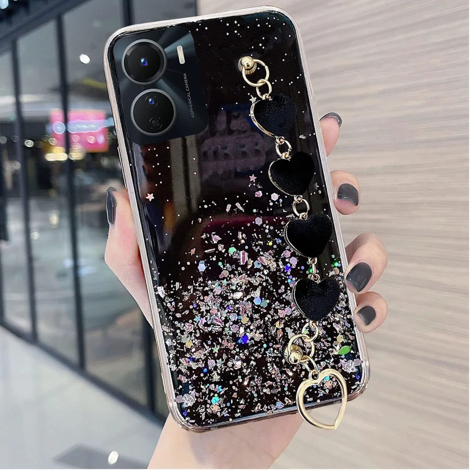 KC Back Cover for Vivo Y16 & Vivo T2x 5G, Dry Fixed Non Movable Glitters Shiny Love Hearts Bracelet Chain Holder Soft Silicone Case (Black) (B0BR8W8SLH) Amazon Price History, Amazon Price Tracker