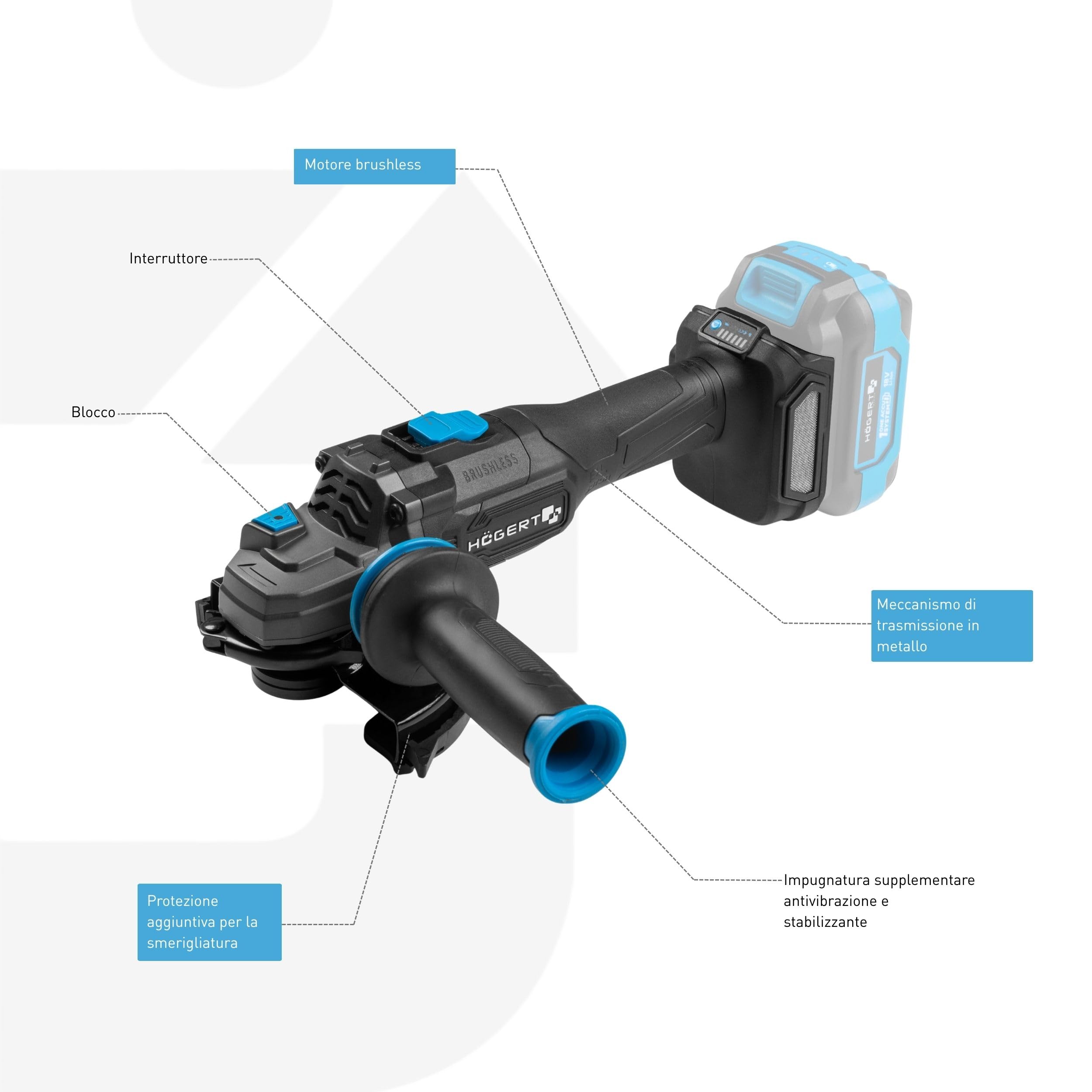 HÖGERT TECHNIK Smerigliatrice angolare a batteria 125 mm 18V brushless, troncatrice senza fili con regolazione velocità, flex per tagliare, levigare e sbavare metallo, senza batteria inclusa