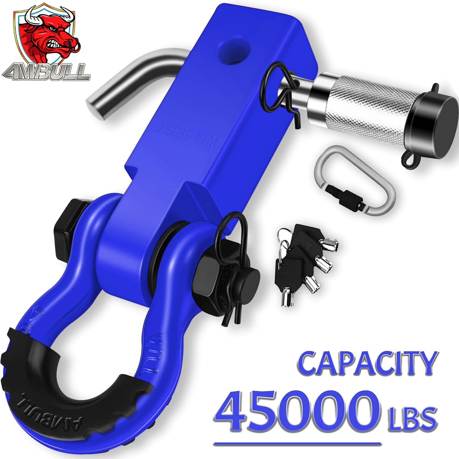 AMBULL Shackle Hitch Receiver & Towing Hitch Lock, with 3/4 Inch D-Ring Shackle, 2 Insurance Pins, Weatherproof Anti-Theft Lockable Heavy Duty Solid Recovery Kit - Blue