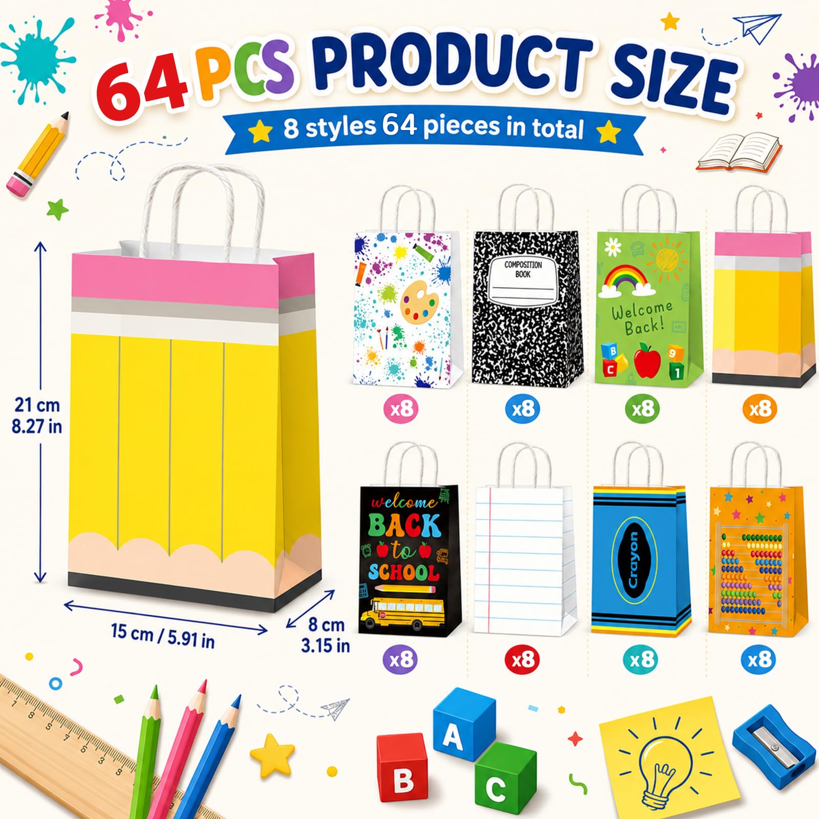 64 sacchetti regalo per il ritorno a scuola Bulk Primo giorno di scuola sacchetti di carta per matite pastello composizione notebook caramelle Goodie Bag apprezzamento insegnante bomboniera per il
