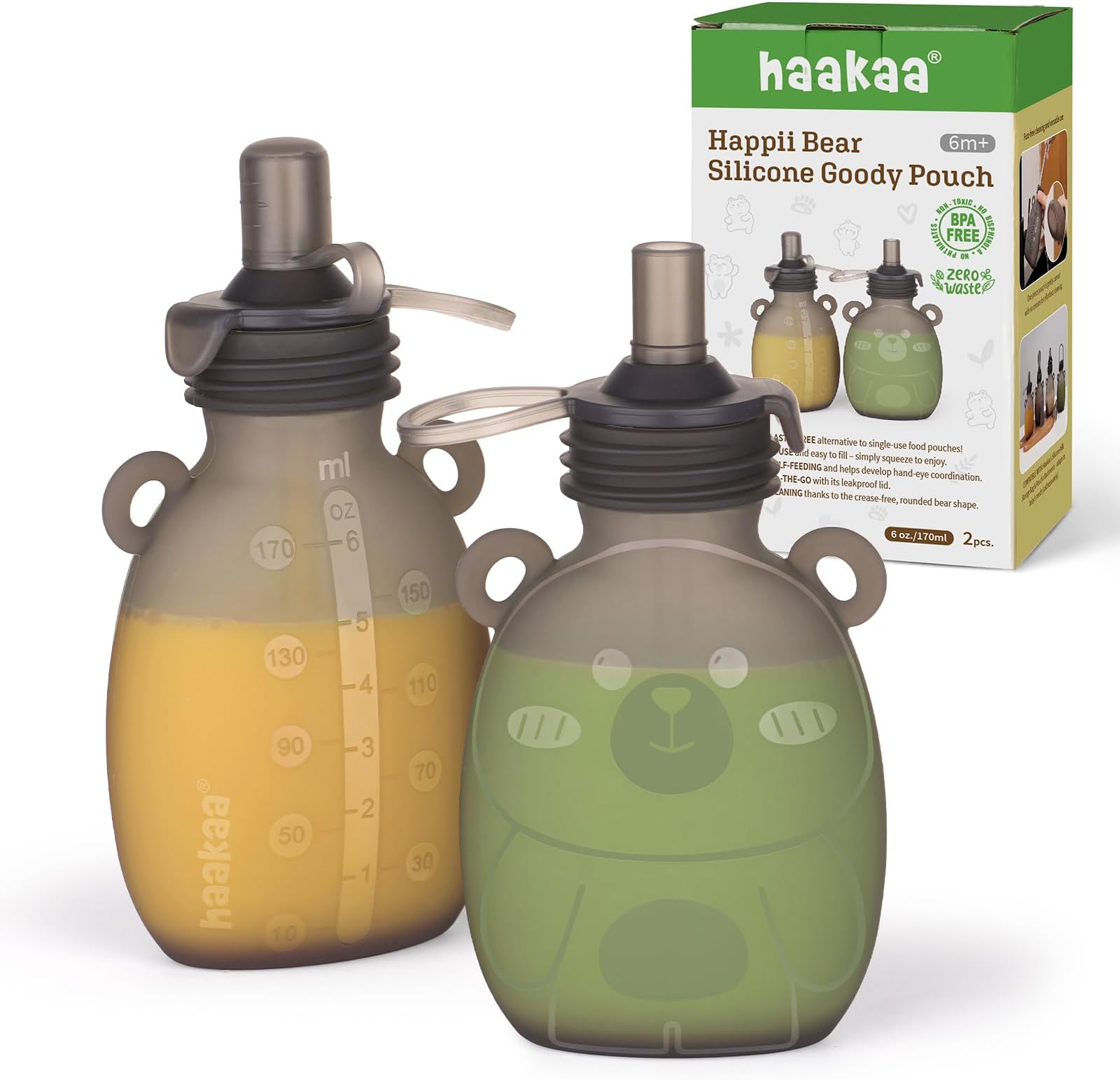 Happii Bear Silicone Goody Pouch,Reusable Baby Food Pouches for Homemade Organic Purees, Juices, Smoothies, and Yogurt - Perfect for Toddlers and Kids - 2 Pack, 6oz
