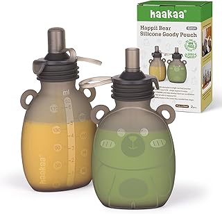 haakaa Happii Bear Silicone Goody Pouch,Reusable Baby Food Pouches for Homemade Organic Purees, Juices, Smoothies, and Yogurt - Perfect for Toddlers and Kids - 2 Pack, 6oz