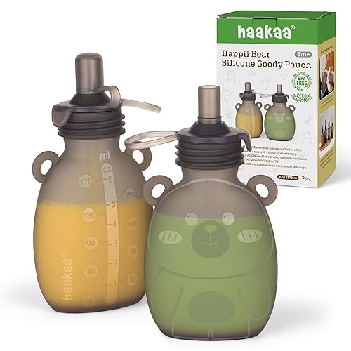 haakaa Happii Bear - Bolsa de silicona reutilizable para alimentos para bebés, purés, jugos, batidos y yogur orgánicos, perfectos para niños