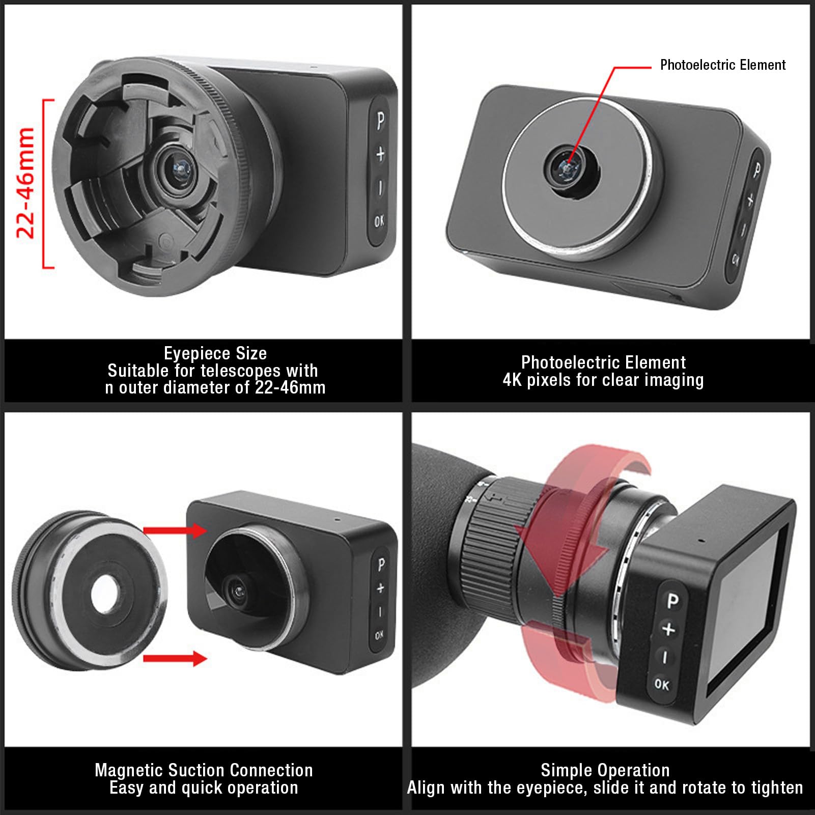 Cámara Ocular Electrónica Telescópica con Pantalla a Color de 3 Pulgadas, 4K a Todo Color, Cámara Telescópica de Visión Nocturna con Poca Luz para Miras de 22 Mm a 46 Mm (Sin