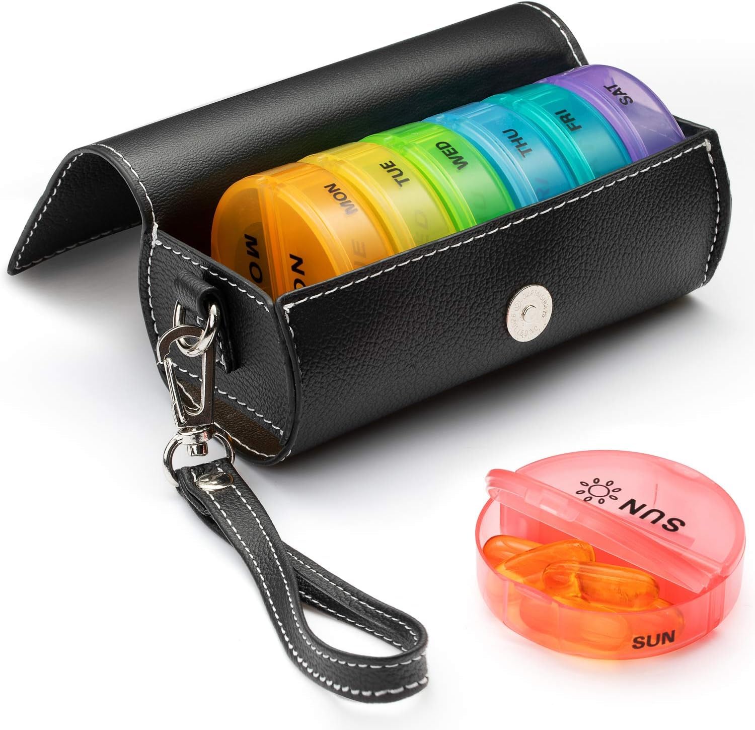 Yaklim Weekly Pill Organizer 2 Times a Day,AM PM Large Daily Pill Box with PU Leather Case for Travel,Round Medicine Organizer,7 Day Pill Container for Vitamin Fish Oils Supplement