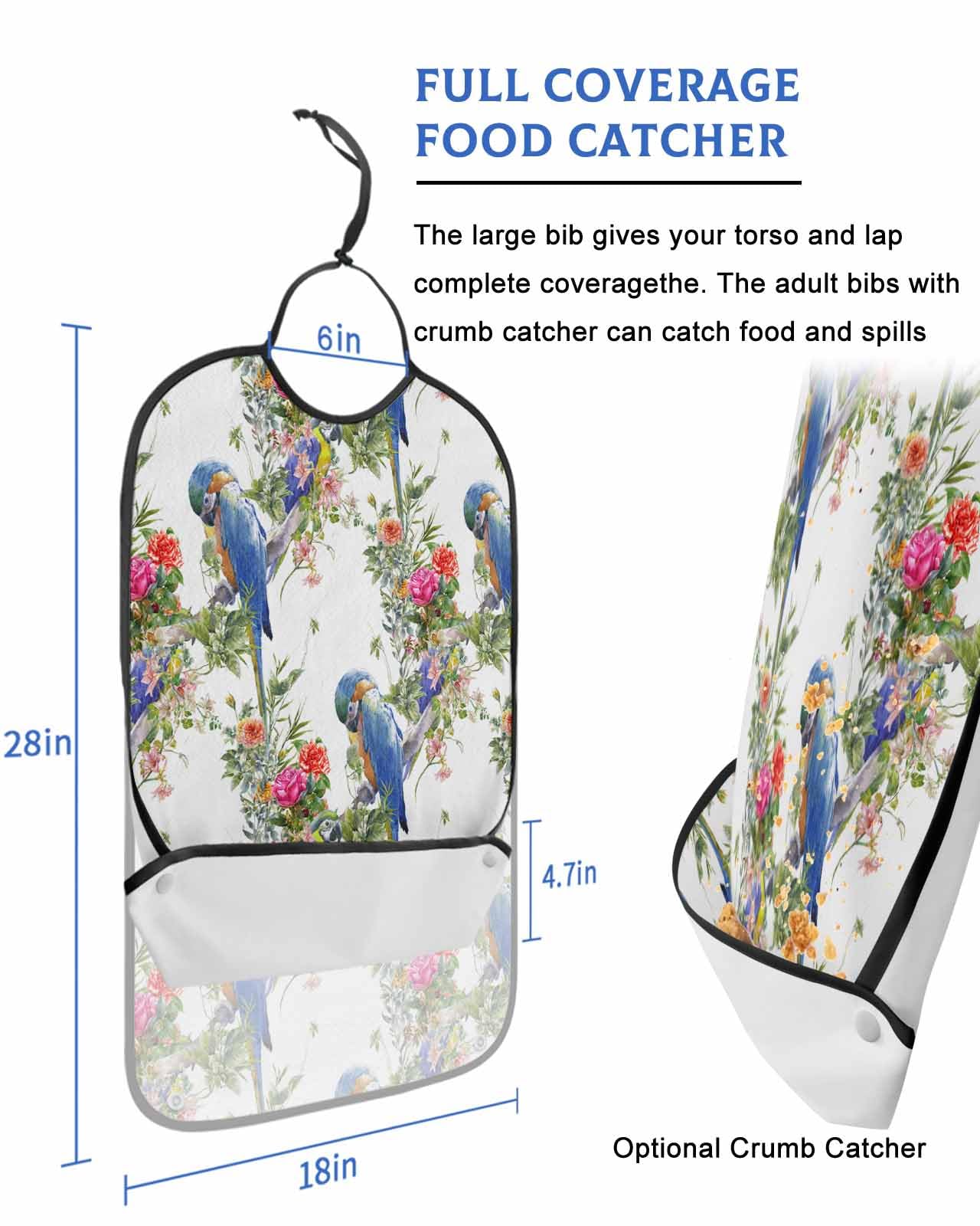 LEOKOTI Spring Floral Adult Bibs for Eating, Waterproof Bibs with Food Catcher & Adjustable Snap Closure, Watercolor Summer Birds Flowers Botanical Washable Clothing Protectors Adult Bibs for Elderly
