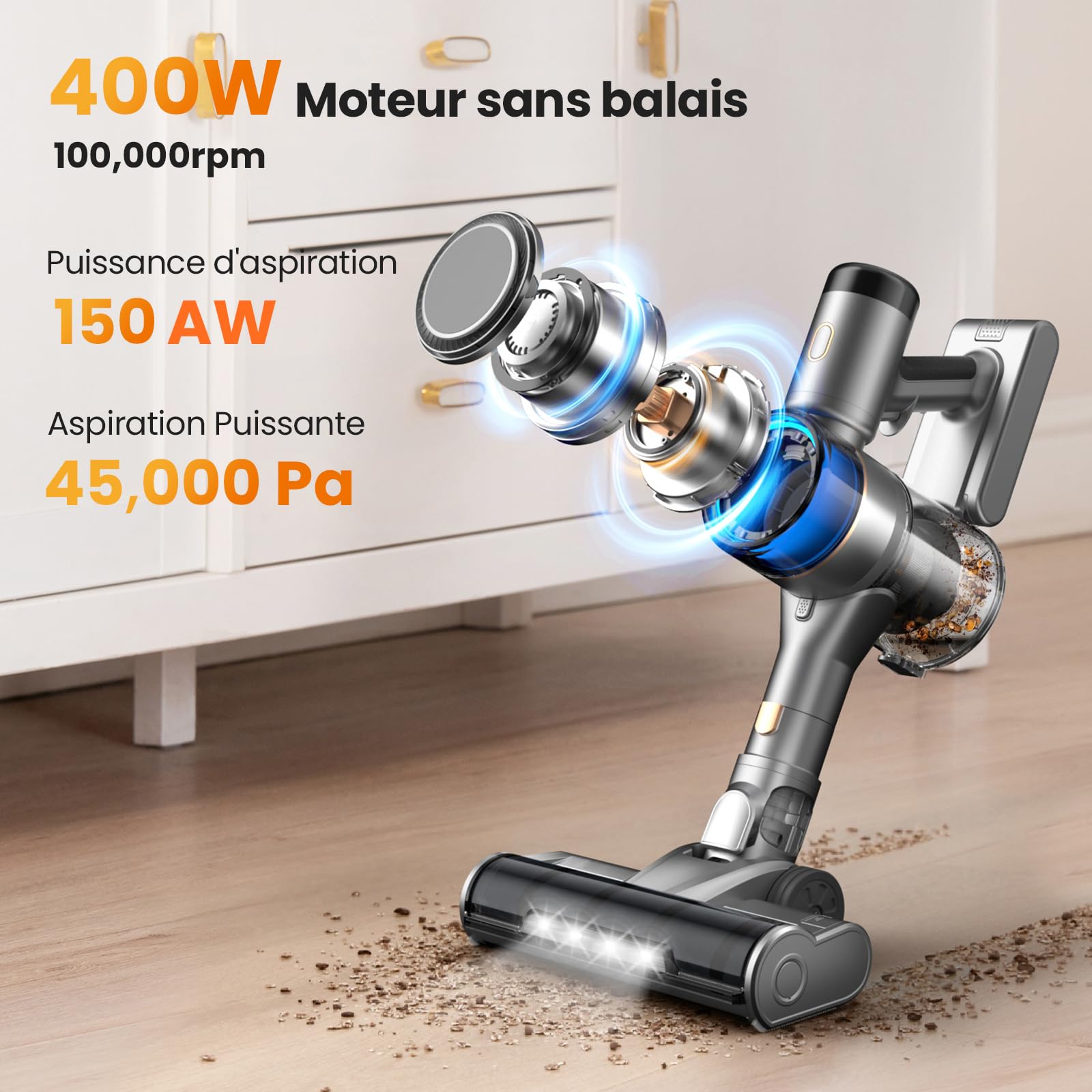 Aspirateur Balai sans Fil, 400W 45KPa Aspirateur sans Fil Puissant, 55Min Autonomie, Brosse Anti-emmêlement, Batterie Amovible, Aspirateur sans Sac avec LED Écran pour Tapis Poils d'animaux Sol Dur