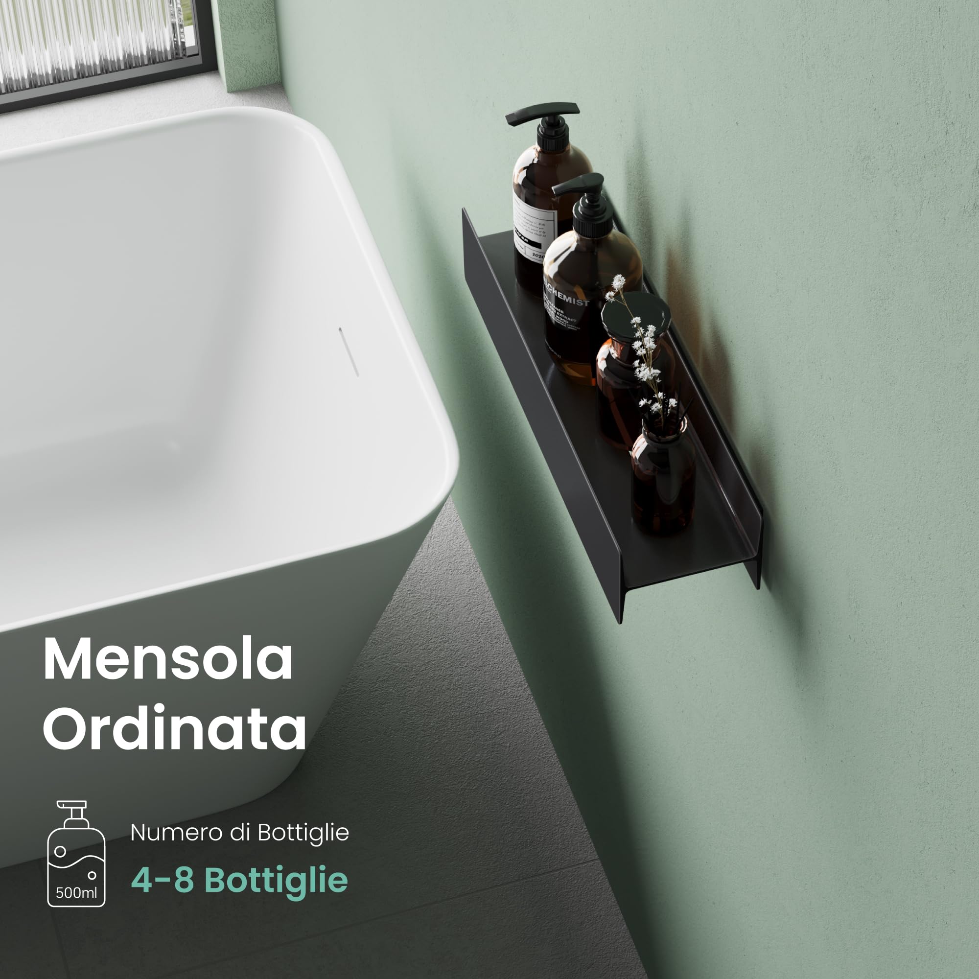 Mai & Mai Mensola da Parete Multifunzionale 40cm, Nero Opaco | Mensola per Doccia, Lega di Alluminio-Magnesio, Antiruggine Mensola da Appendere per Bagno e Cucina, Rimovibile, Reglo-03