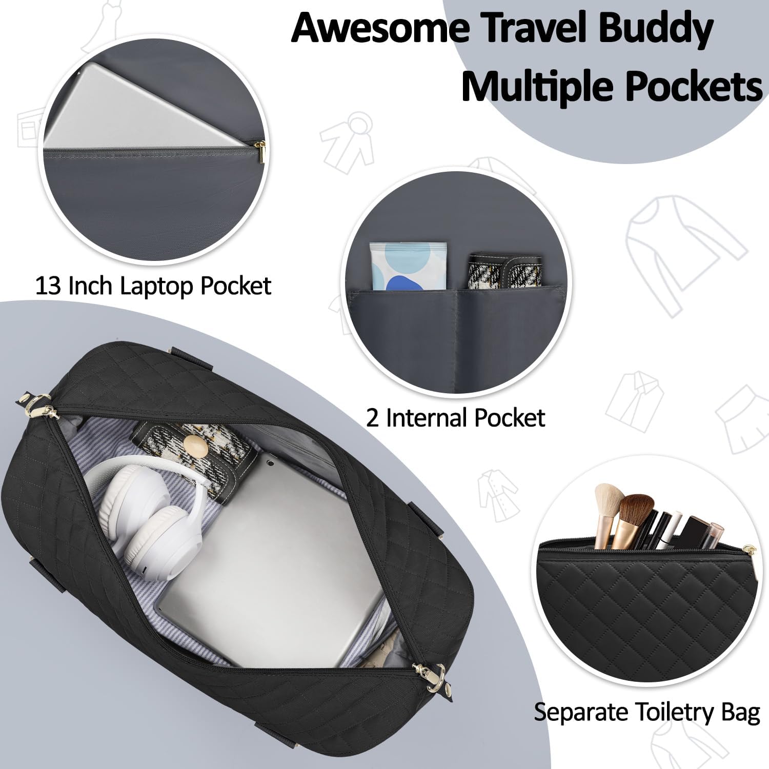 Tenot Quilted Duffel Bag for Women with Luggage Sleeve, Weekender Tote Bag image 4