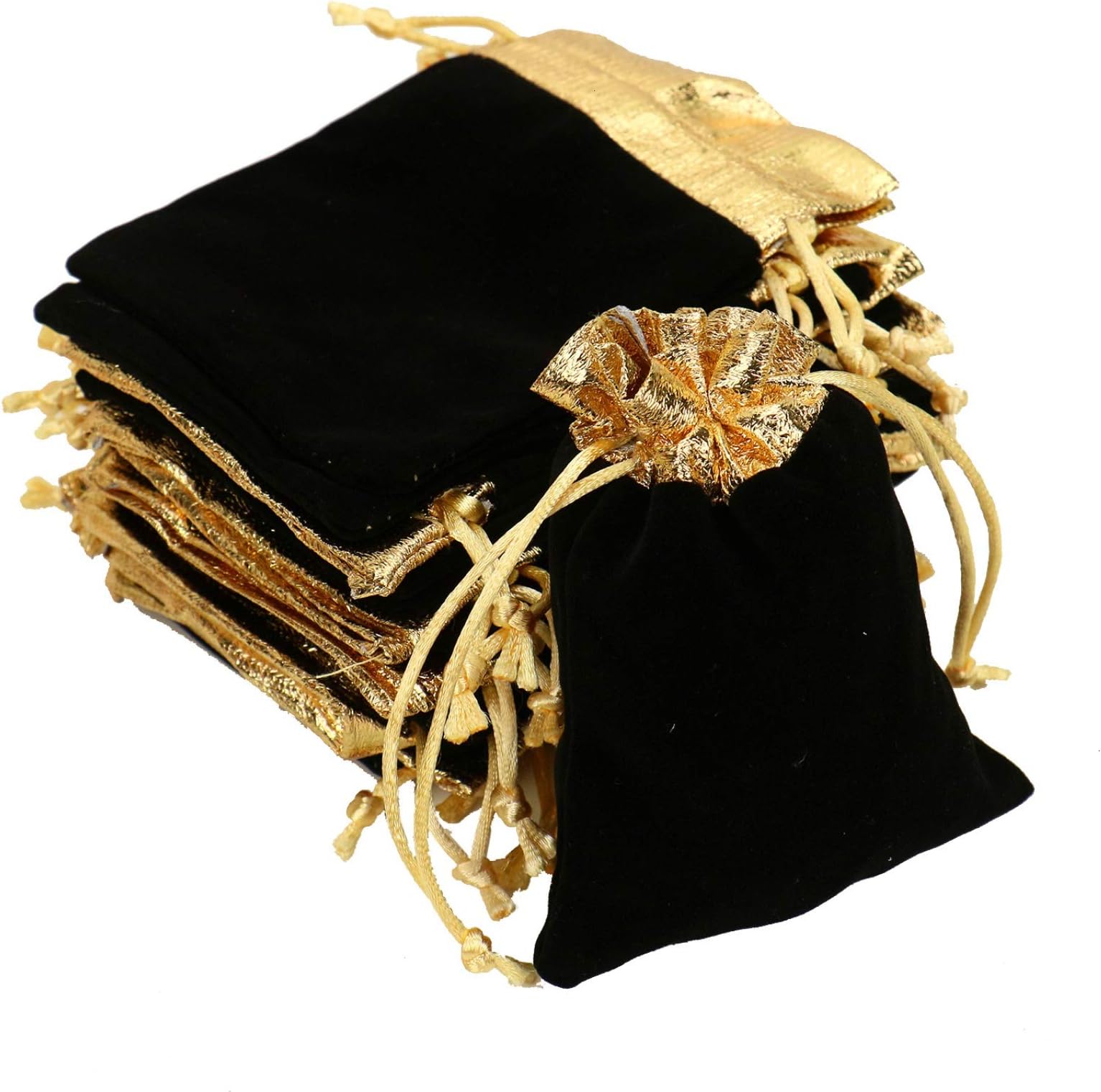 WSSROGY Pack of 25 Gold Trim Black Velvet Cloth Jewelry Pouches Drawstring Bag Gift Bags Wedding Party Christmas Favor Gift Candy Chocolate Bags