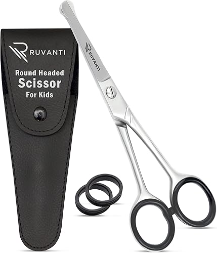 Ruvanti Tijeras de corte de pelo para niños de 5.2 pulgadas, tijeras de peluquería de punta redondeada de seguridad para niños, bebés y recorte de