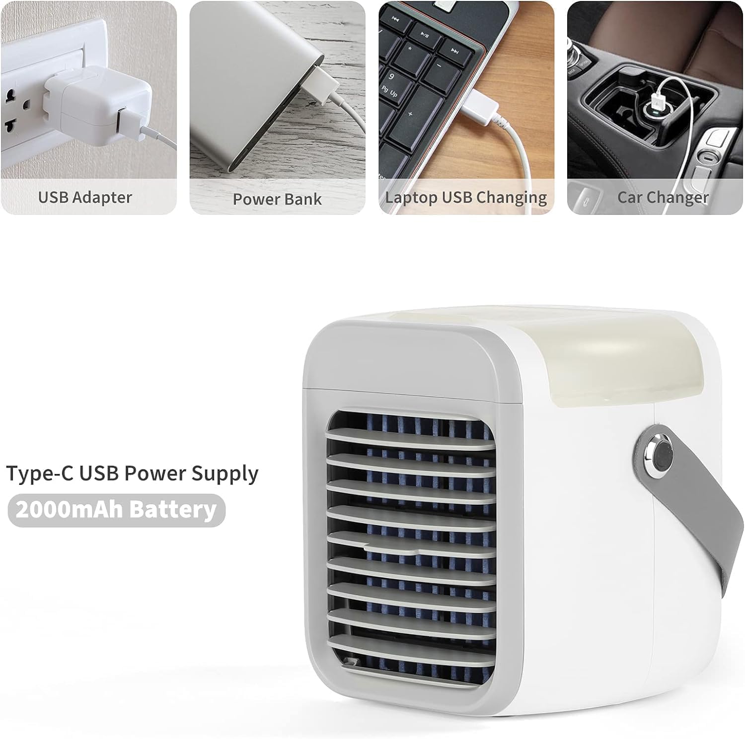 Aire acondicionado portátil, 4 en 1, mini enfriador de aire, enfriador de aire USB silencioso con depósito de agua, asa portátil, 7 luces LED, 3 velocidades