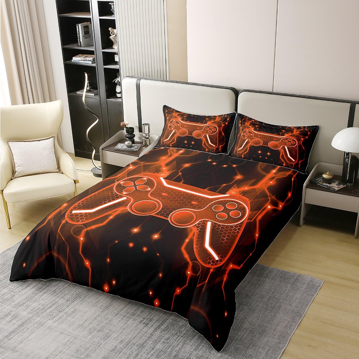 Homemissing Gamer Duvet Cover 100% Cotton King Size Game Controller Comforter Cover Set Adults Gaming Bedding Set Game Room Decor Orange Black Bedspread Cover Room Decor 3Pcs With 2 Pillow Case - Image 2