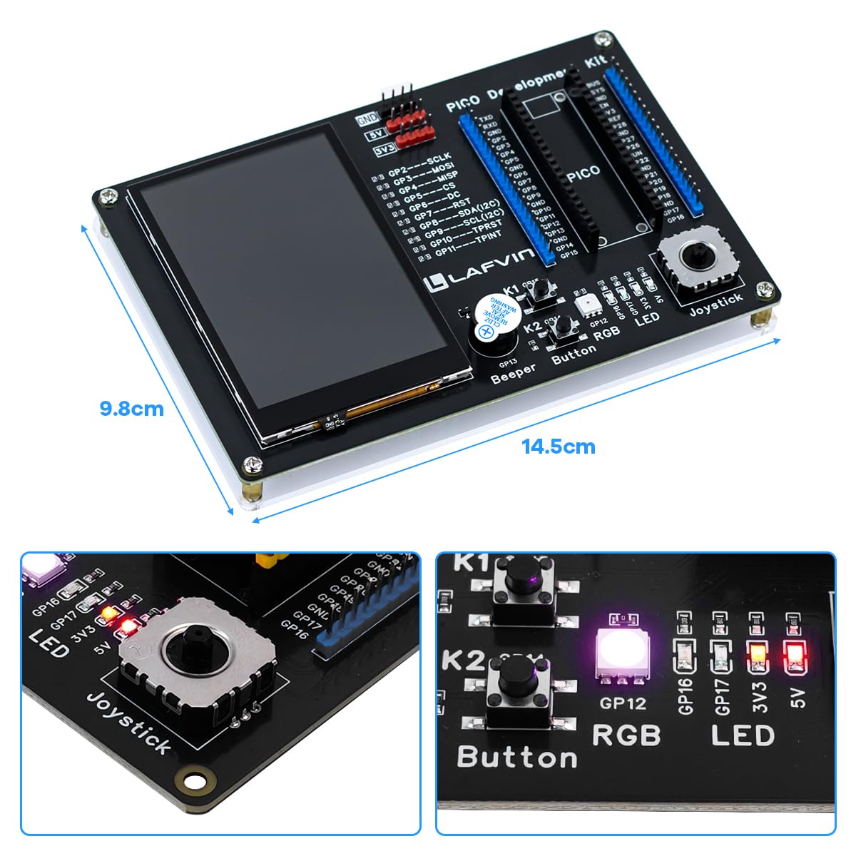 LAFVIN PICO Kit de développement pour Raspberry Pi Pico 2/1/1W, écran tactile capacitif 3,5" 320 × 480, mini joystick PSP, Plug and Play sans soudure, carte d'extension GPIO 40 broches
